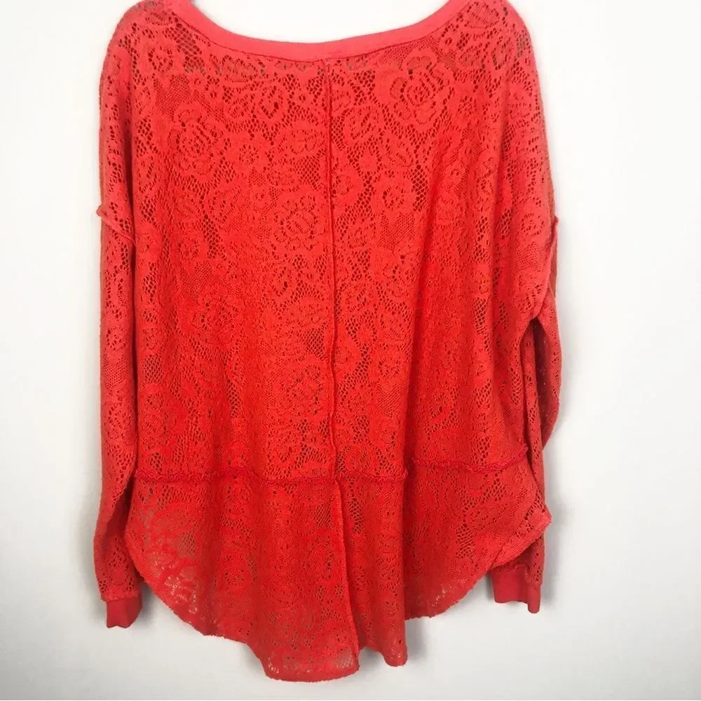 FREE PEOPLE | Not Cold Eyelet Oversized Orange Red Sweater Women’s Size Small